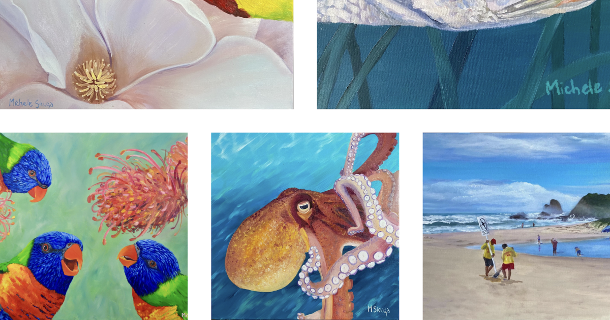 Mosaic of paintings by Michele Skuza depicting Australian fauna